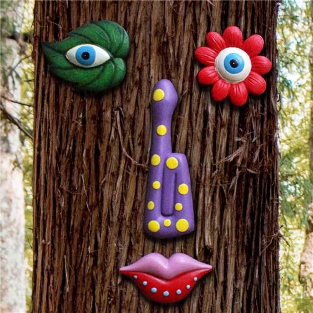 Tree Faces Decor Outdoor, Funny Tree Faces Sculpture, Colorful Fence Decorations